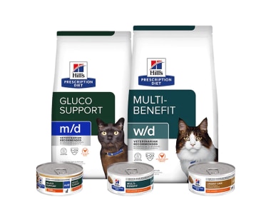 Prescription Diet multi-benefit and gluco support cat food range