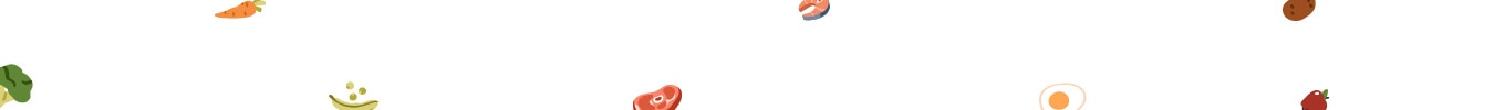 Natural pet food ingredients scattered on a white background